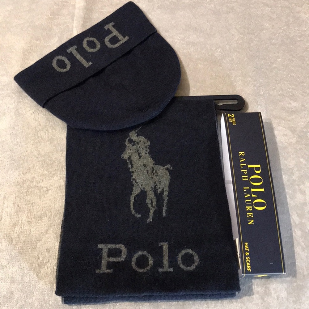 POLO RALPH LAUREN 2Pc Hat & Scarf ( Navy Blue )